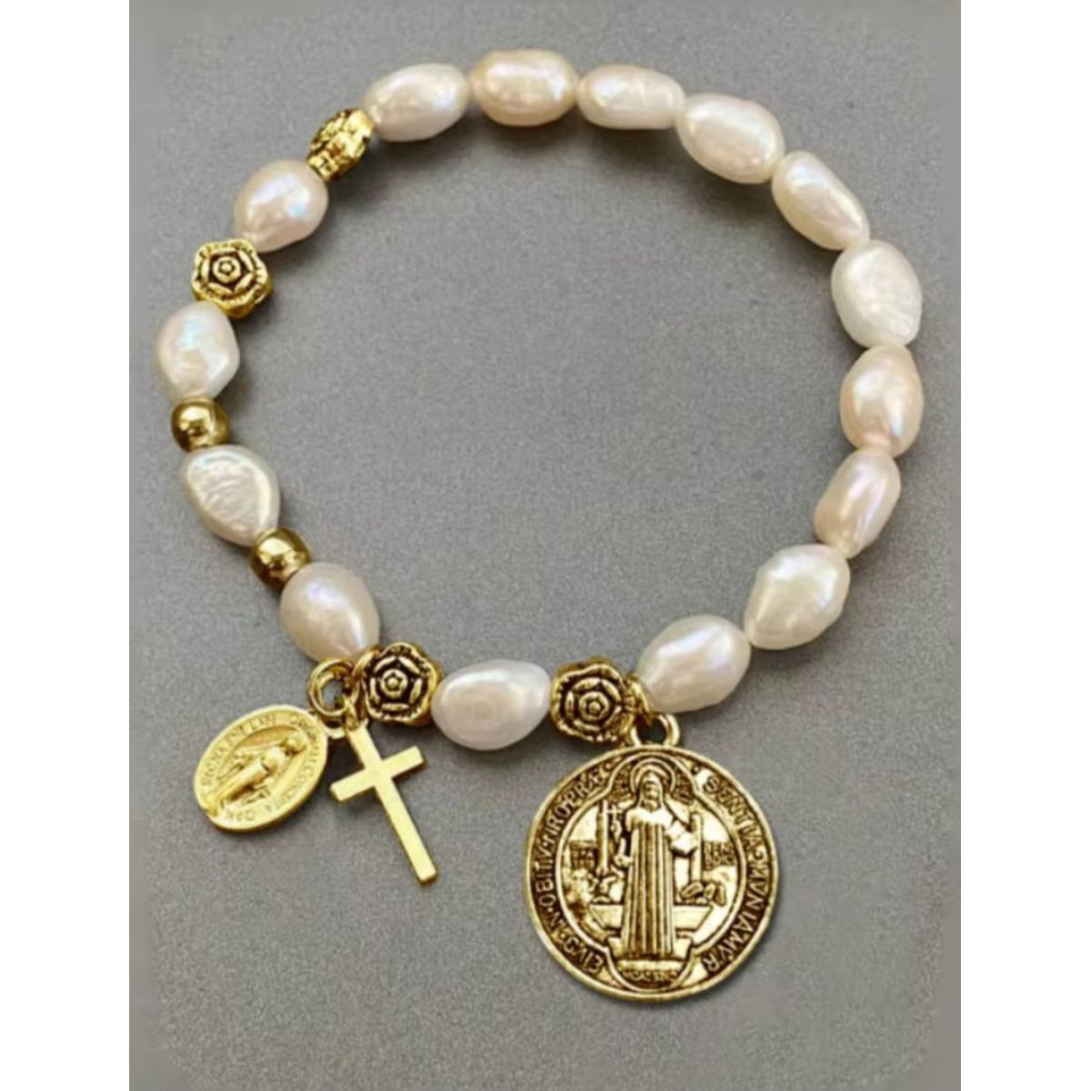 GENERICO - Pulsera PROTECCIÓN  SAN BENITO y VIRGEN, piedra Blanca.