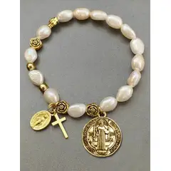 GENERICO - Pulsera PROTECCIÓN SAN BENITO y VIRGEN, piedra Blanca.