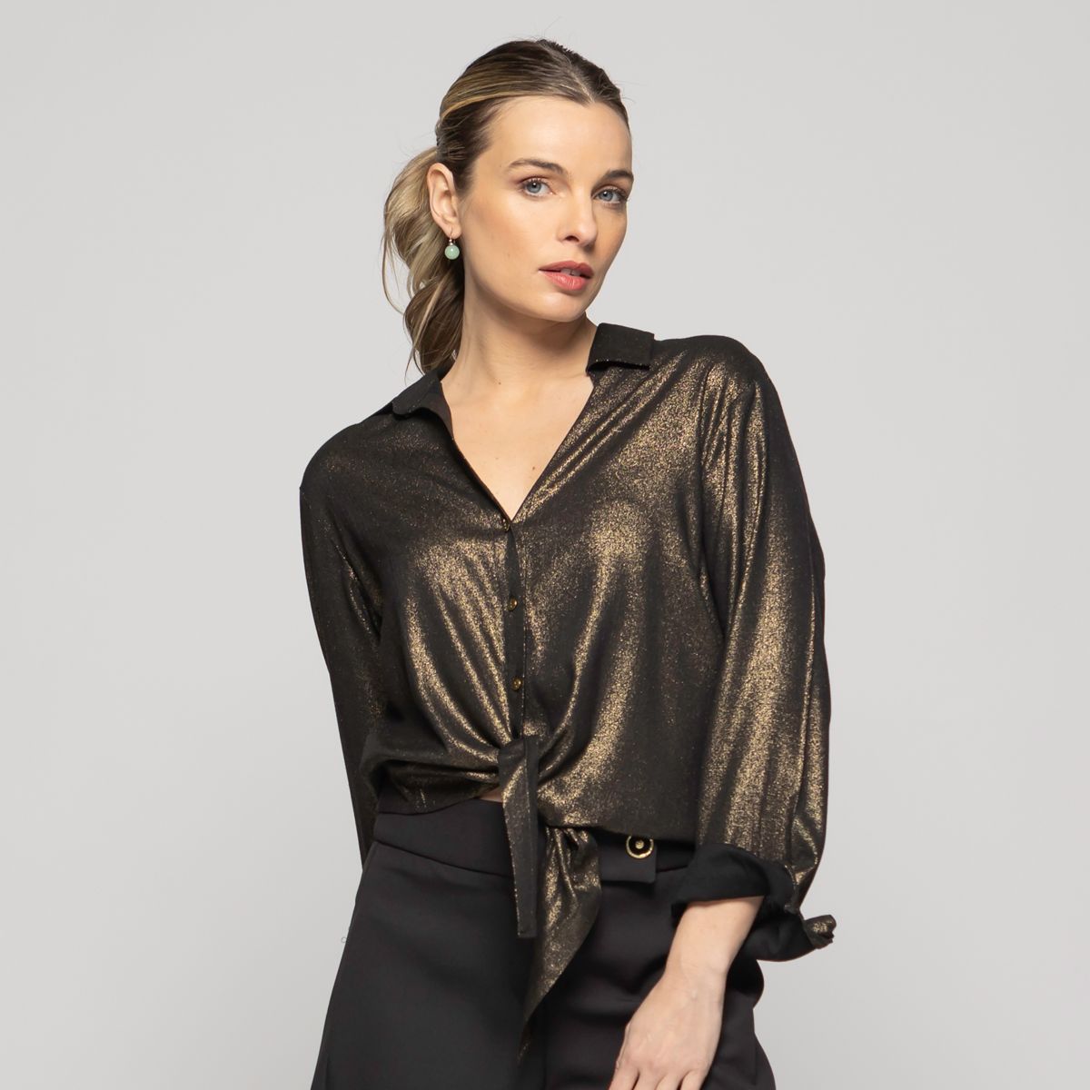 LUDOVICA - Blusa Mujer Crisantemo Viscosa Manga Larga Y Amarre Frontal Metalizada Ludovica