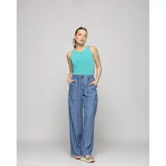 LUDOVICA - Polera Mujer Pensamiento Cuello Redondo Sin Mangas Ajustada Celeste Agua