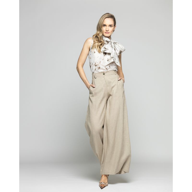 LUDOVICA - Blusa Mujer Gazania Sin Mangas Lazo Pañuelo Estampado Beige