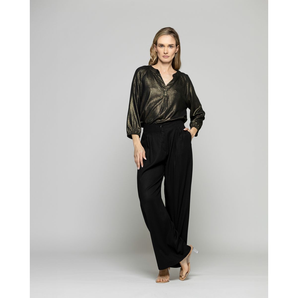 LUDOVICA - Blusa Mujer Camelia Viscosa Escote V Manga Larga Metalizada Ludovica