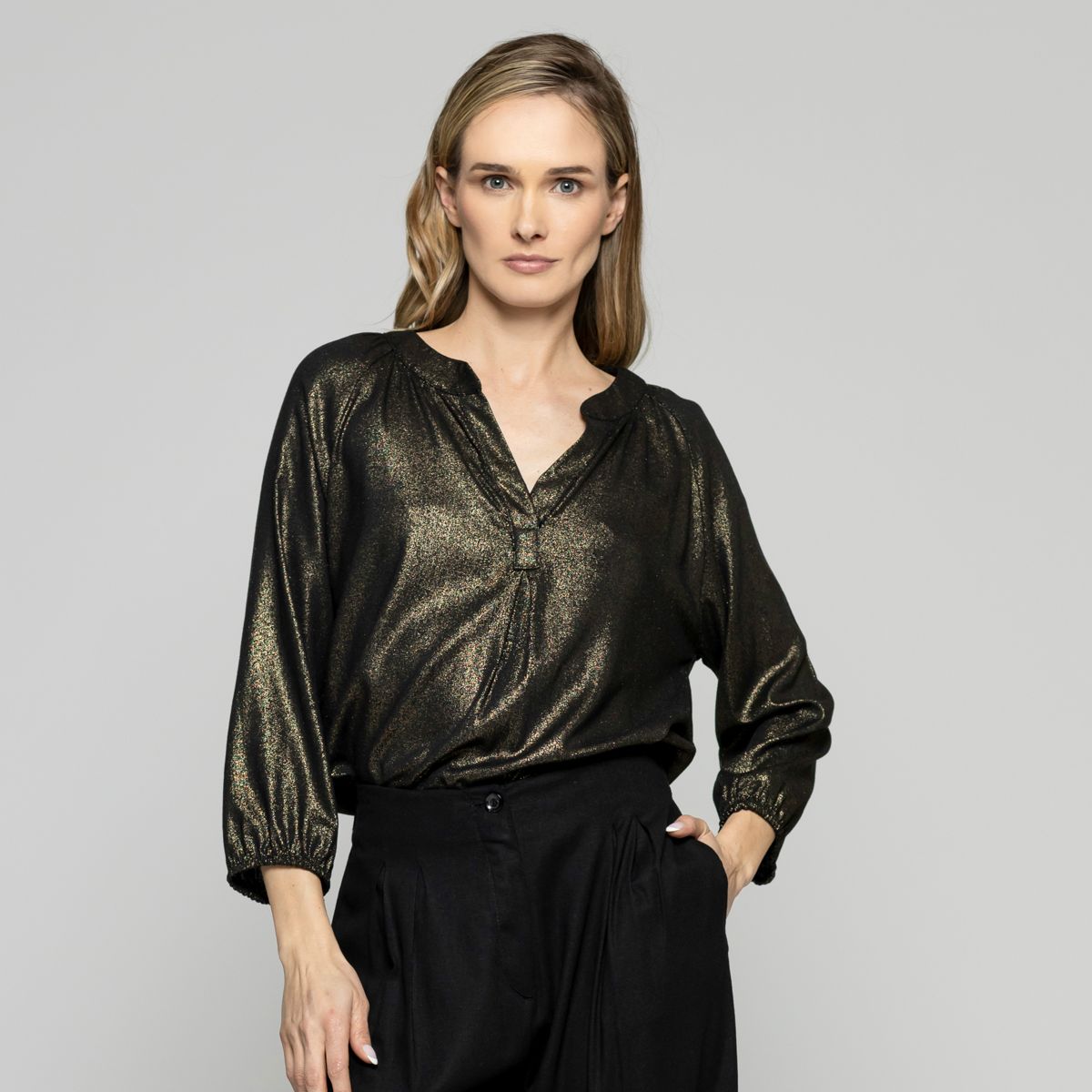 LUDOVICA - Blusa Mujer Camelia Viscosa Escote V Manga Larga Metalizada Ludovica