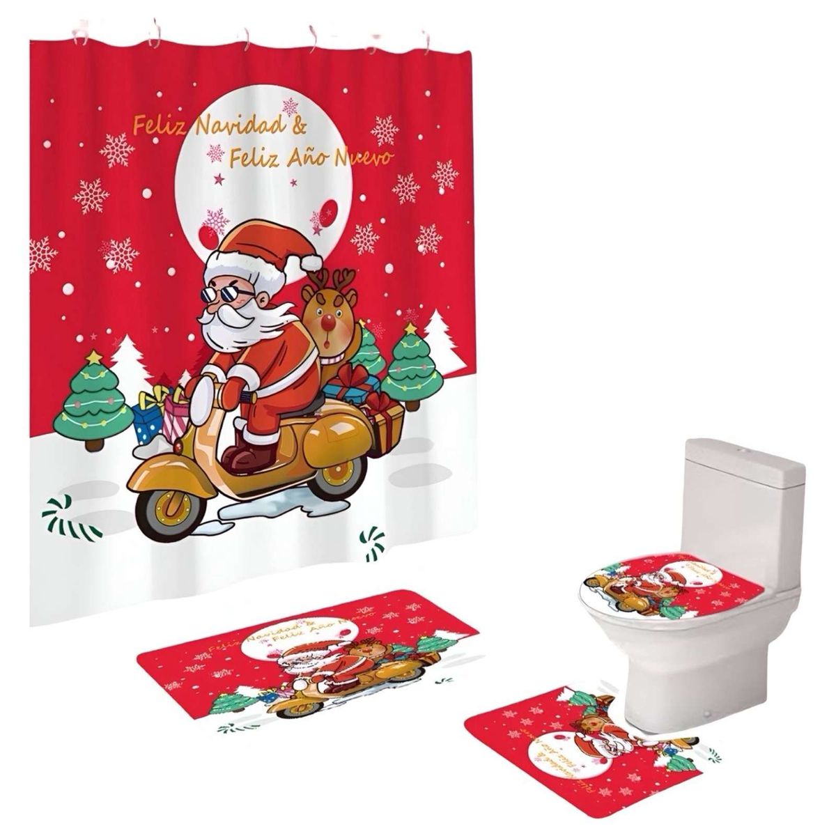 GENERICO - SET 4 PIEZAS CORTINA DE BAÑO Y ALFOMBRAS DISEÑO NAVIDEÑO TF01