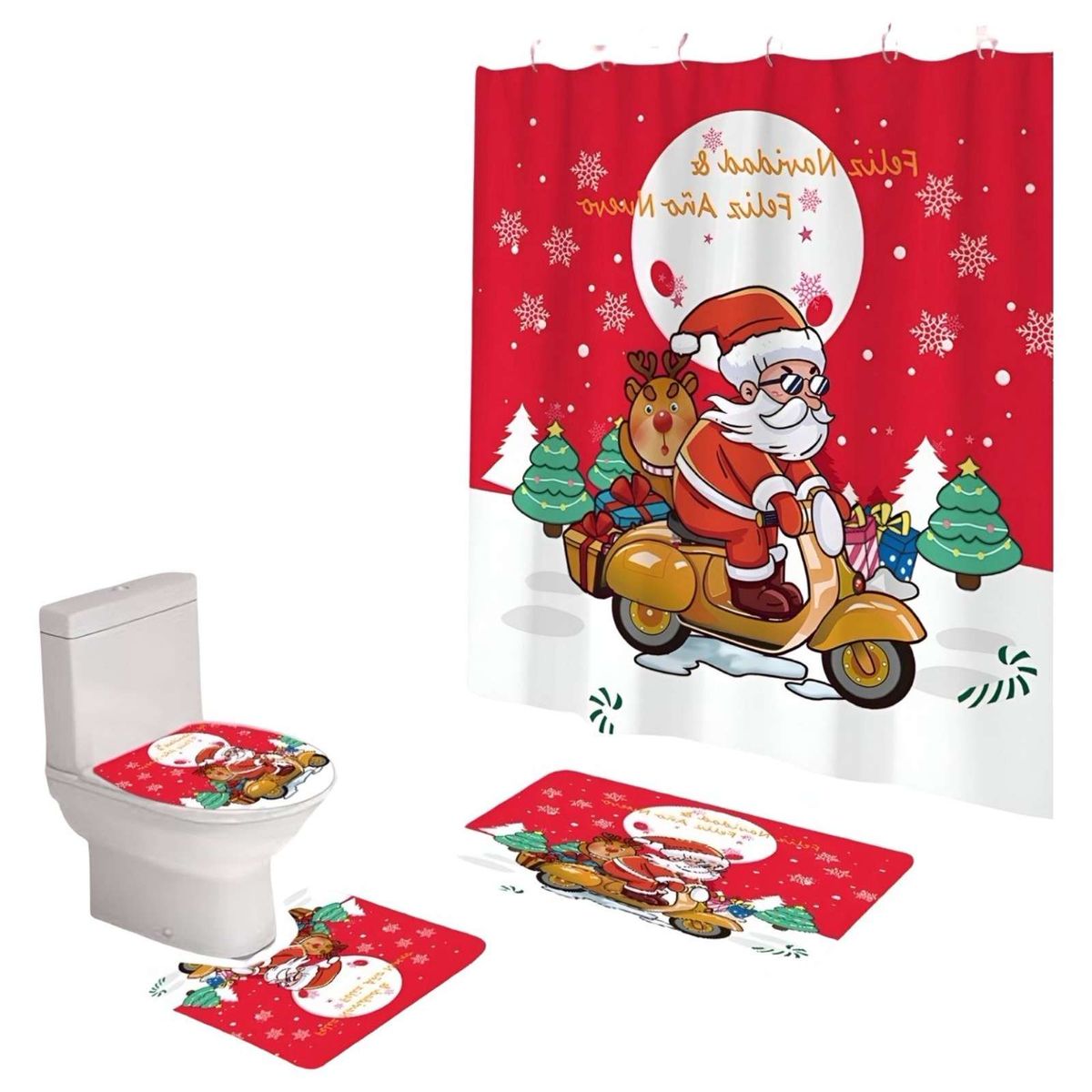 GENERICO - SET 4 PIEZAS CORTINA DE BAÑO Y ALFOMBRAS DISEÑO NAVIDEÑO TF01