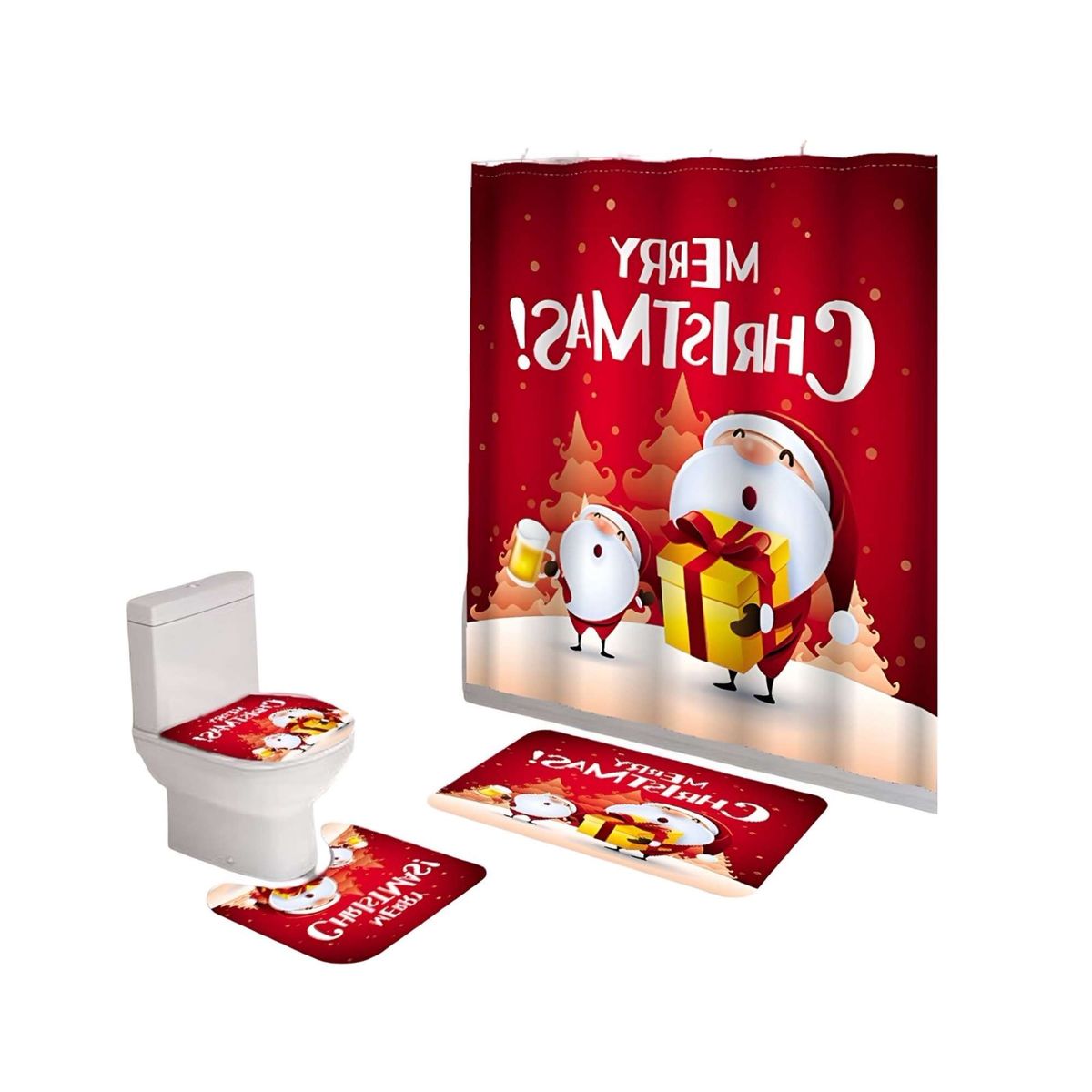 GENERICO - SET 4 PIEZAS CORTINA DE BAÑO Y ALFOMBRAS DISEÑO NAVIDEÑO TF02