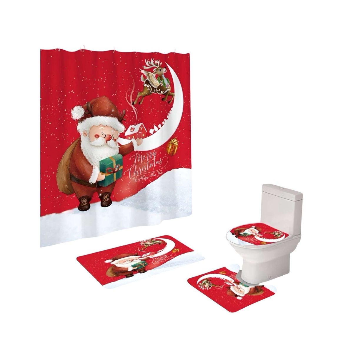 GENERICO - SET 4 PIEZAS CORTINA DE BAÑO Y ALFOMBRAS DISEÑO NAVIDEÑO TF04