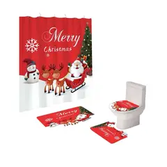 GENERICO - SET 4 PIEZAS CORTINA DE BAÑO Y ALFOMBRAS DISEÑO NAVIDEÑO TF07