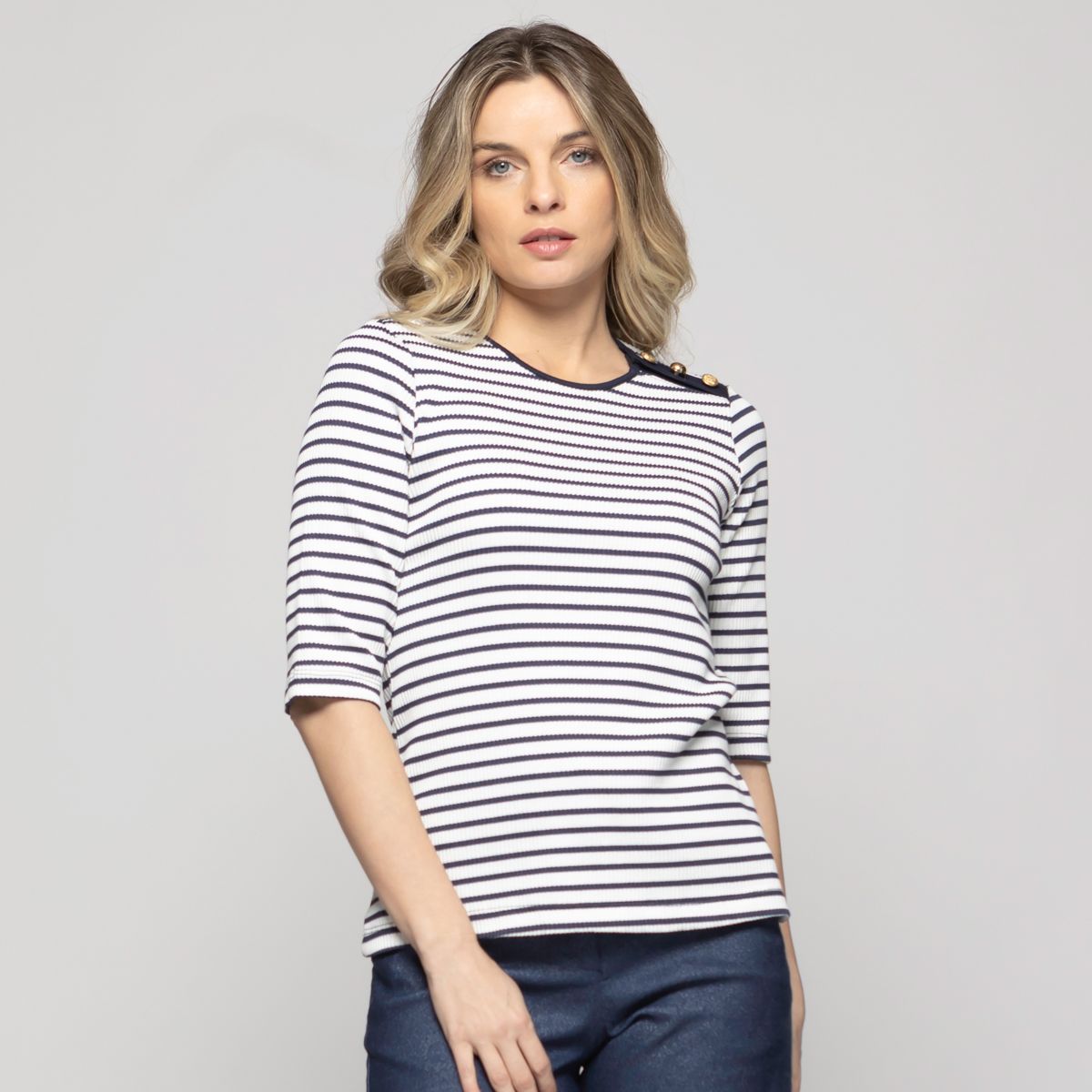 LUDOVICA - Polera Mujer Orquídea Escote Redondo Manga 3/4 Rayas Azules Blanca