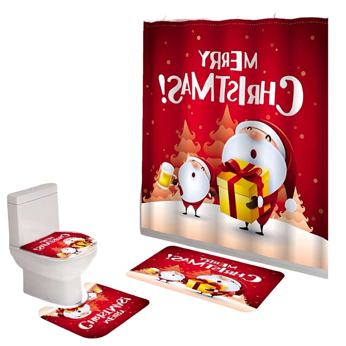 GENERICO - PACK 4 PIEZAS CORTINA DE BAÑO Y ALFOMBRAS DISEÑO NAVIDEÑO TF02