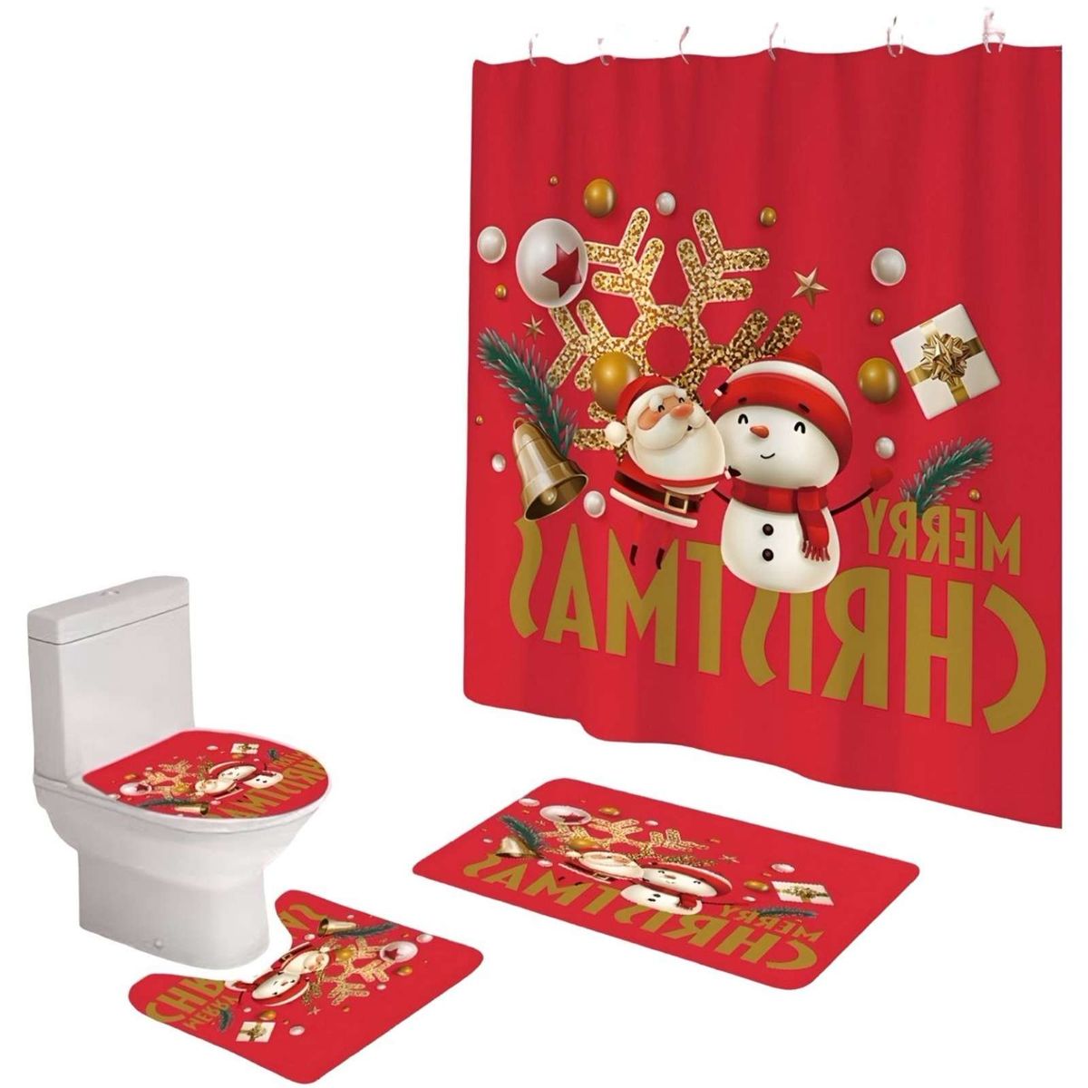 GENERICO - PACK 4 PIEZAS CORTINA DE BAÑO Y ALFOMBRAS NAVIDEÑAS 03