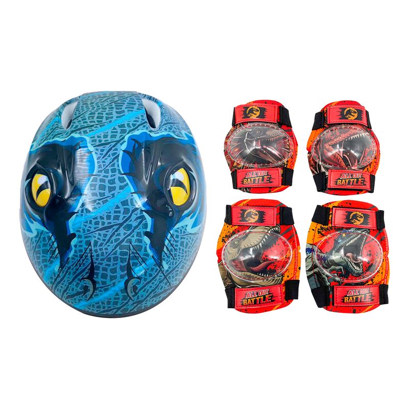 JURASSIC WORLD - Set Casco 3D y protecciones Jurassic World,  Dinosaurio