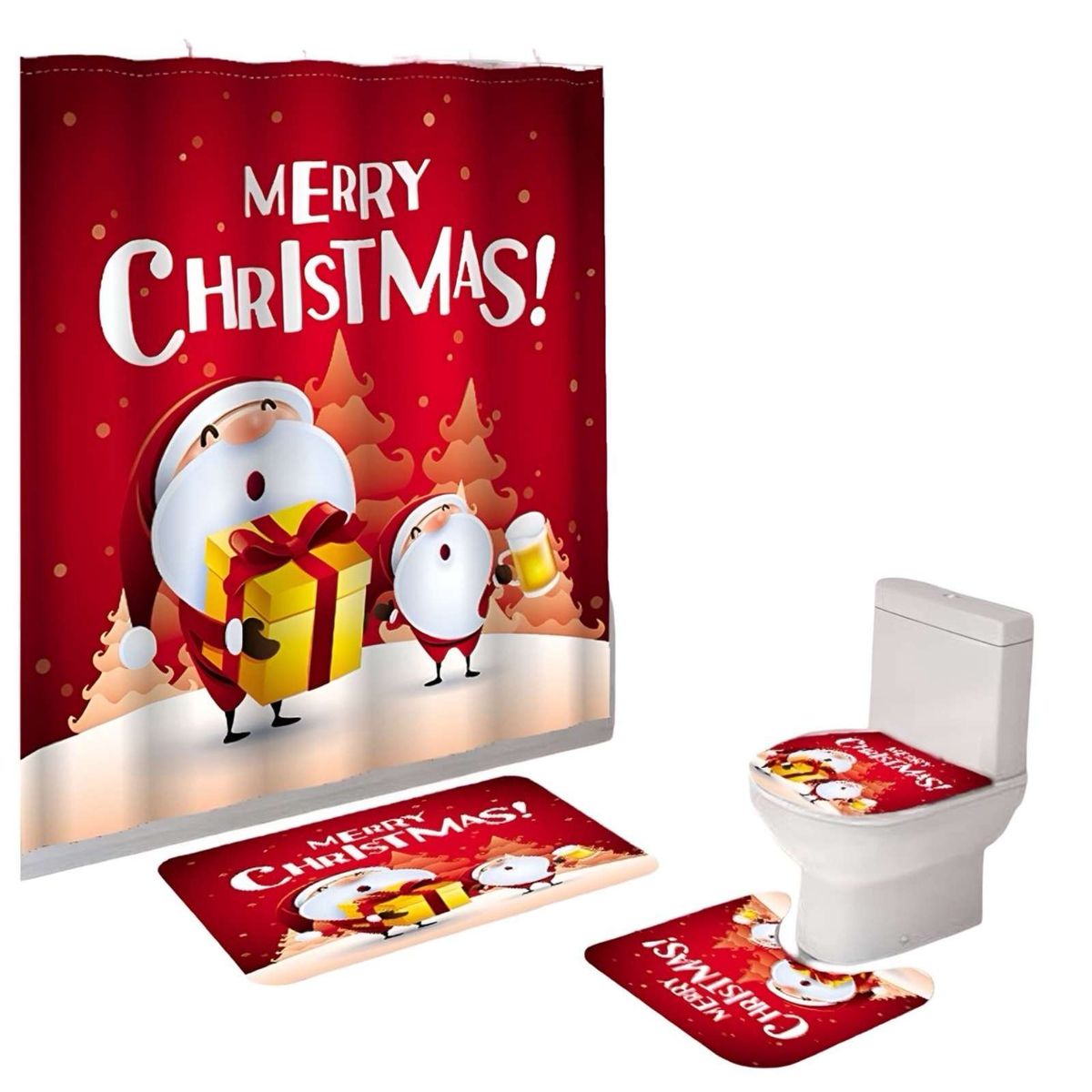GENERICO - SET 4 PIEZAS CORTINA DE BAÑO Y ALFOMBRAS DISEÑO NAVIDEÑO TF02