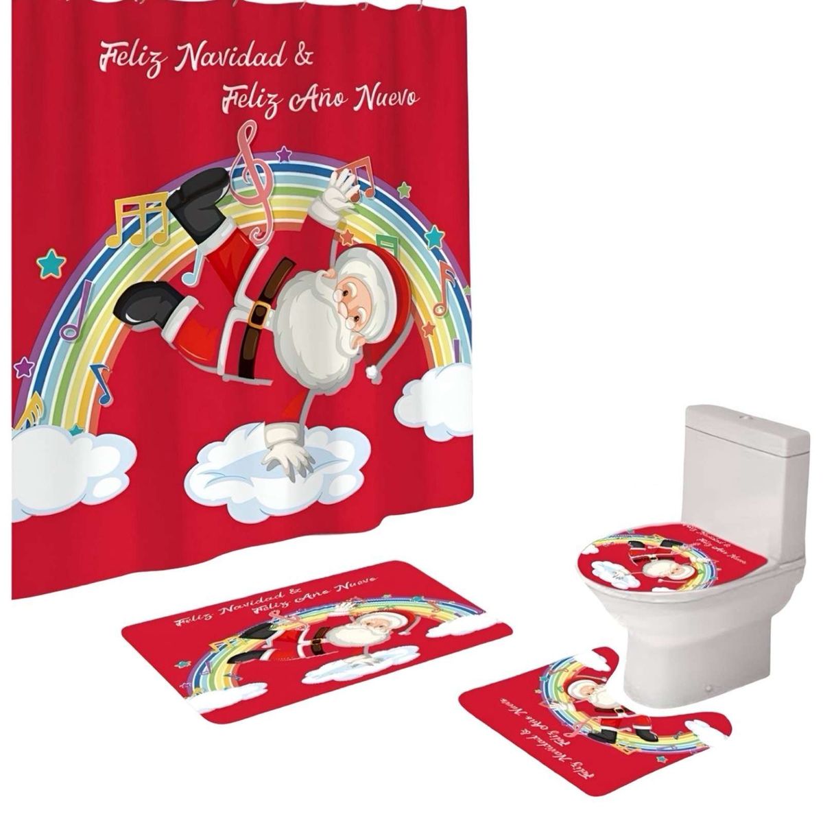 GENERICO - SET 4 PIEZAS CORTINA DE BAÑO Y ALFOMBRAS DISEÑO NAVIDEÑO TF05
