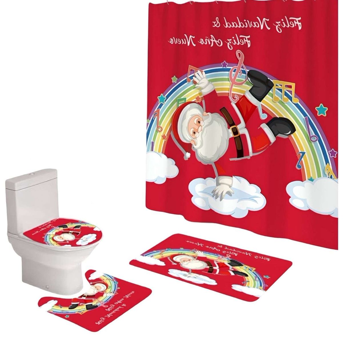 GENERICO - SET 4 PIEZAS CORTINA DE BAÑO Y ALFOMBRAS DISEÑO NAVIDEÑO TF05