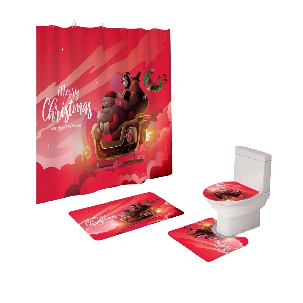 GENERICO - SET 4 PIEZAS CORTINA DE BAÑO Y ALFOMBRAS DISEÑO NAVIDEÑO TF08