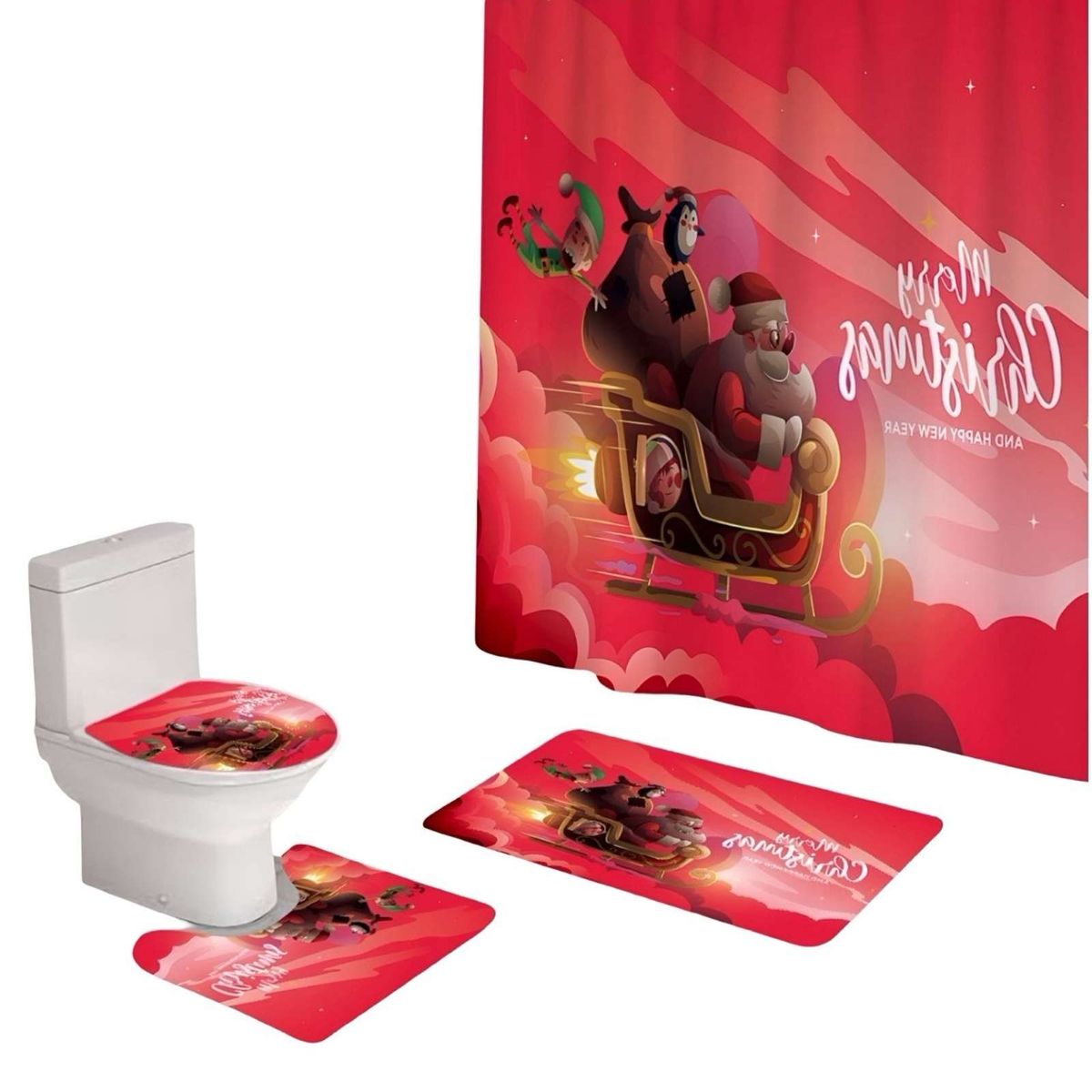 GENERICO - SET 4 PIEZAS CORTINA DE BAÑO Y ALFOMBRAS DISEÑO NAVIDEÑO TF08