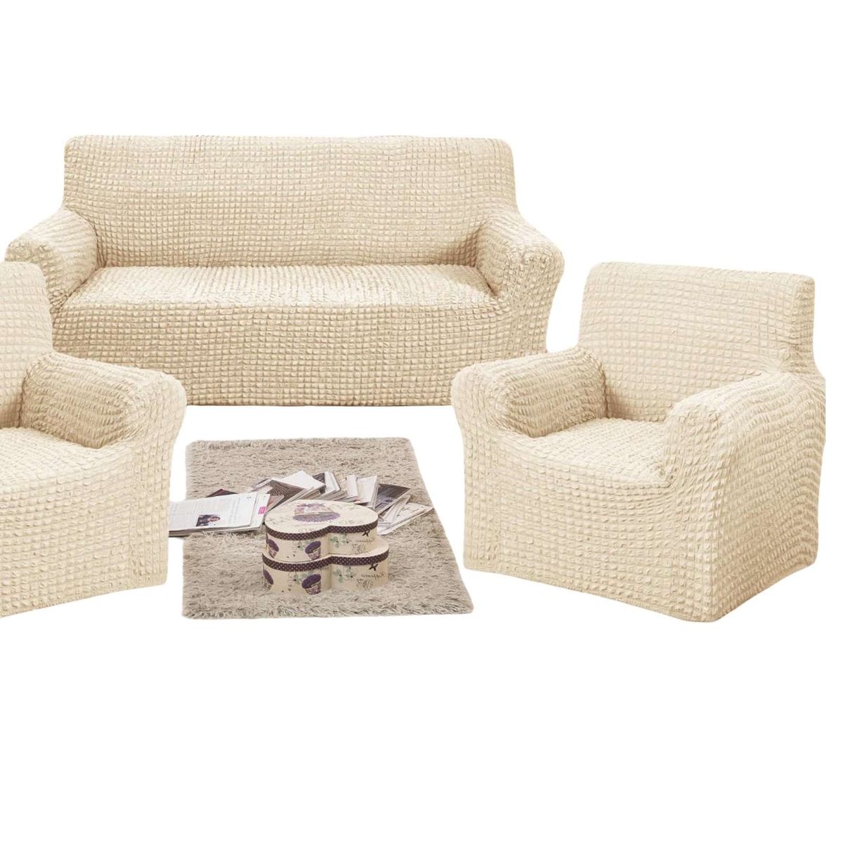 GENERICO - SET DE FUNDAS DE SOFA 3+1+1 - DISEÑO CUADRILLE BLANCO