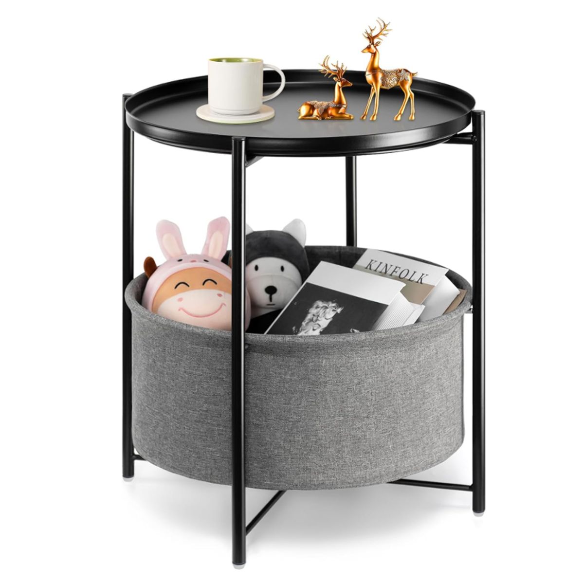 YOMYM - Round Side Table with Fabric Storage Basket