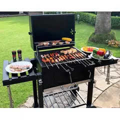 HOMER OUTDOOR - Parrilla A Carbón Con Ruedas Y 2 Bandejas Laterales Negro