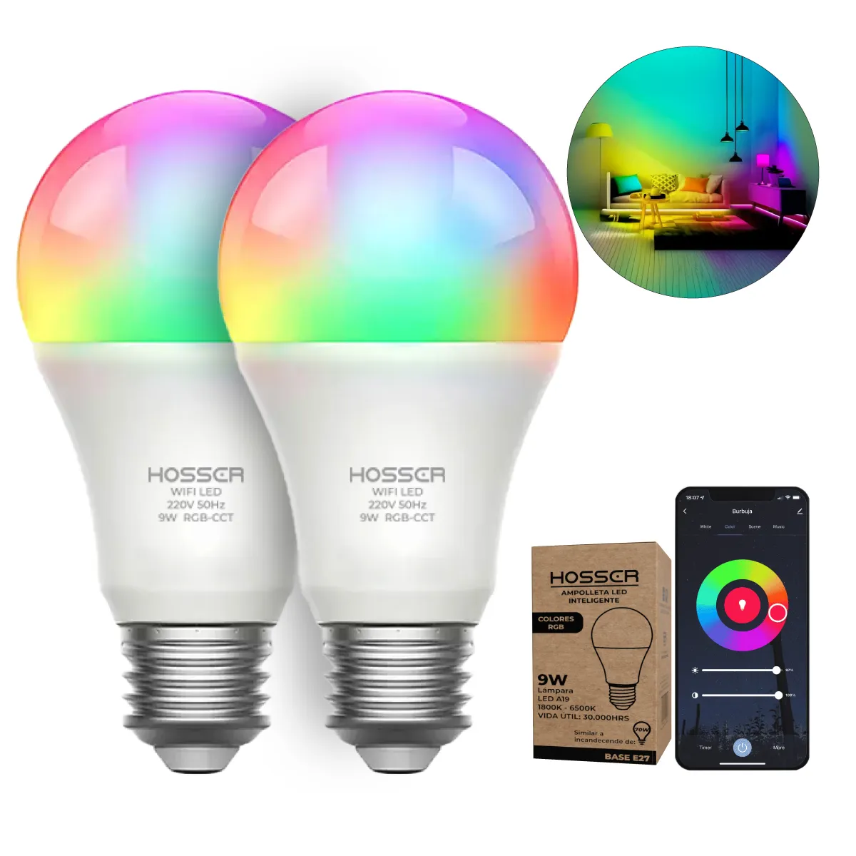 HOSSER - Ampolletas Led E27 Hosser Inteligente Led 9W RGB App Tuya X2