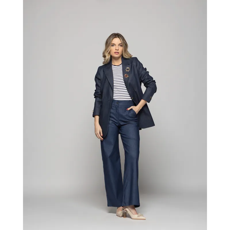 LUDOVICA - Blazer Mujer Jacarandá Clásico Con Prendedores Denim Azul