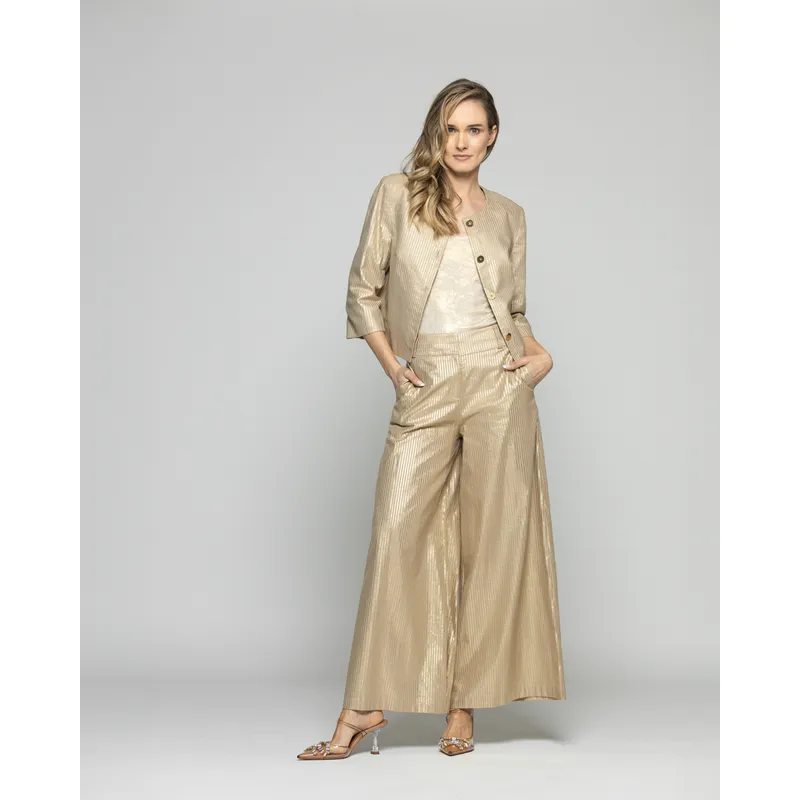 LUDOVICA - Blazer Mujer Iris Corto Escote Redondo Algodón Manga Tres cuartos Folia Beige