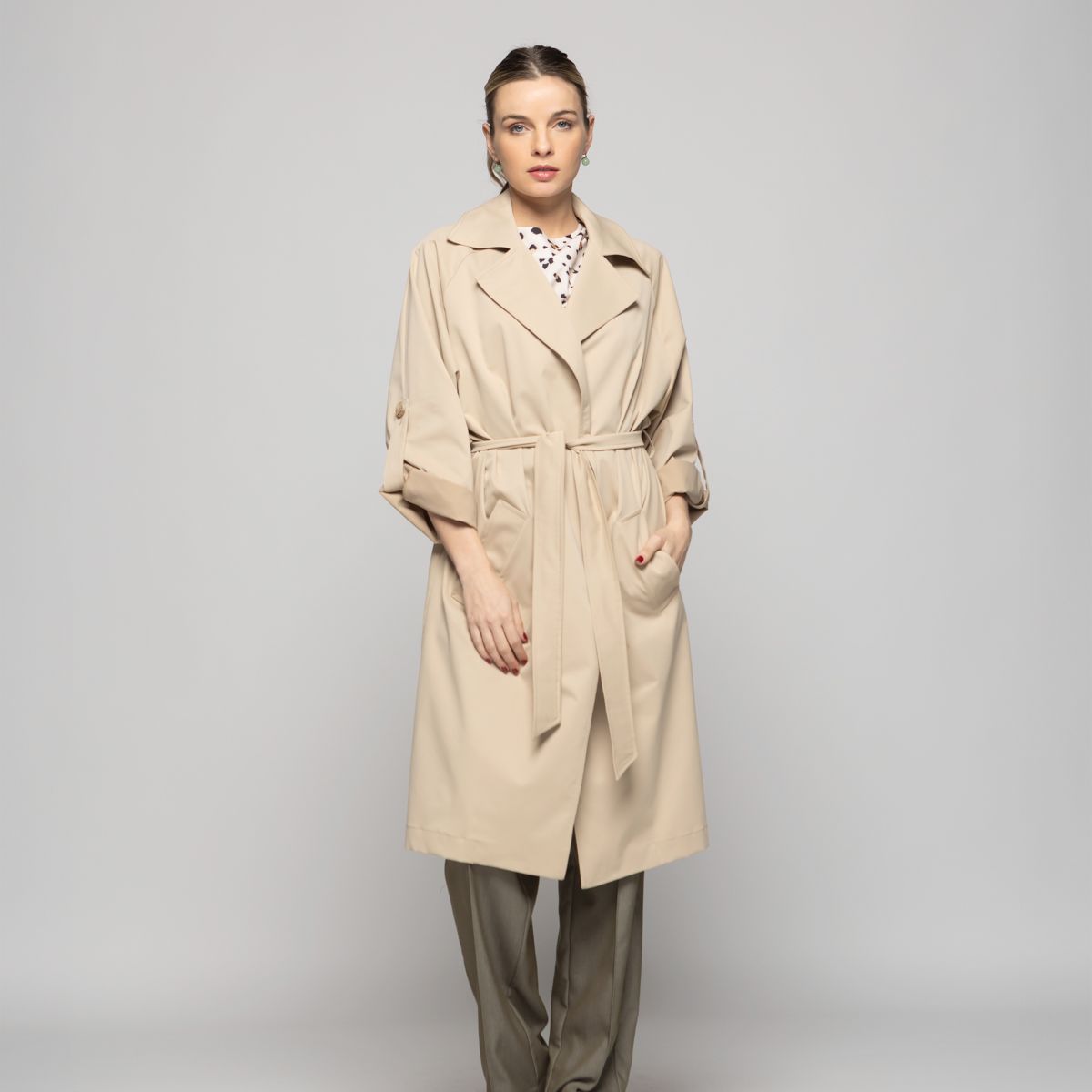 LUDOVICA - Trench Mujer Jazmín Largo Clásico Con Cinturón Beige Ludovica