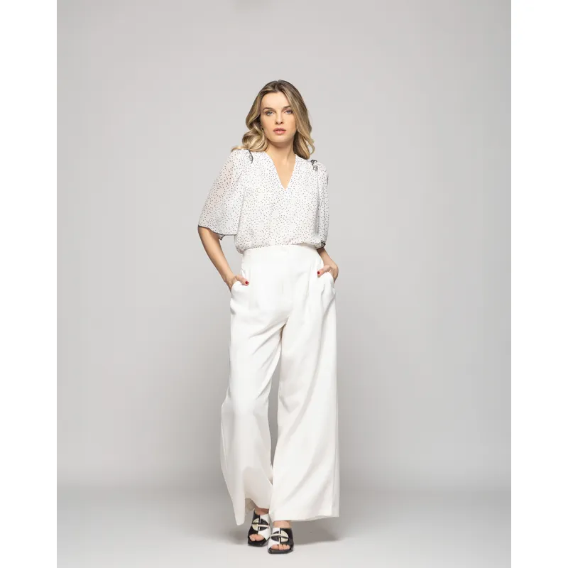 LUDOVICA - Blusa Mujer Bouvardia Escote V Mini Lunares Blanca