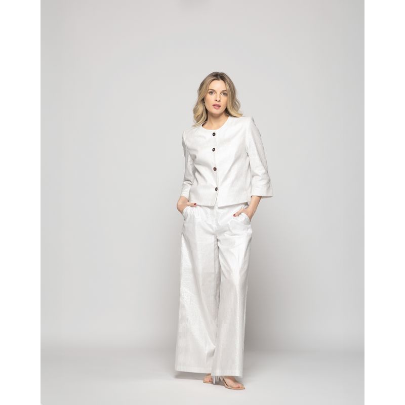 LUDOVICA - Blazer Mujer Iris Corto Escote Redondo Algodón Manga Tres cuartos Folia Blanco