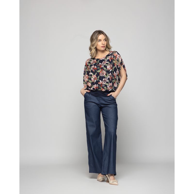 LUDOVICA - Polera Nigella Manga Caída Encaje Floral Azul