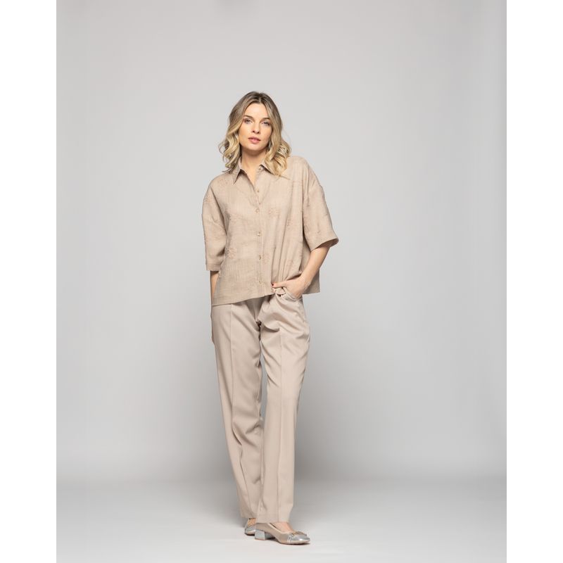 LUDOVICA - Blusa Mujer Cineraria Camisera Bordada Manga Corta Beige