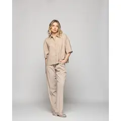 LUDOVICA - Blusa Mujer Cineraria Camisera Bordada Manga Corta Beige