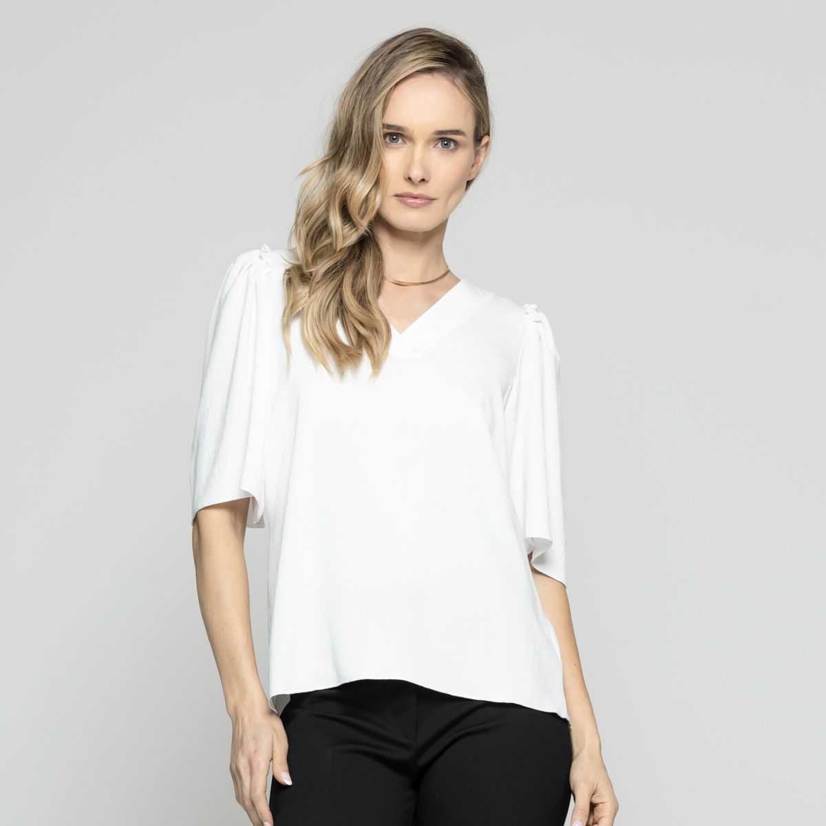 LUDOVICA - Blusa Mujer Caléndula Escote V Media Manga Blanca Crudo Ludovica