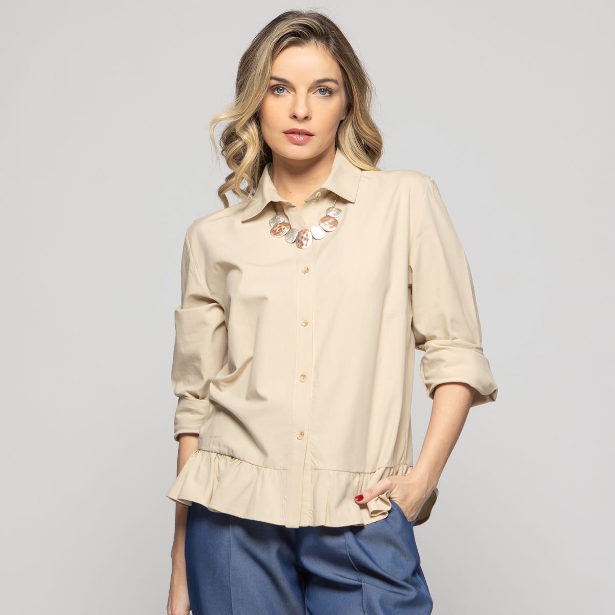 LUDOVICA - Blusa Mujer Cala Camisera Lisa Con Volante En Basta Blanca Beige Ludovica