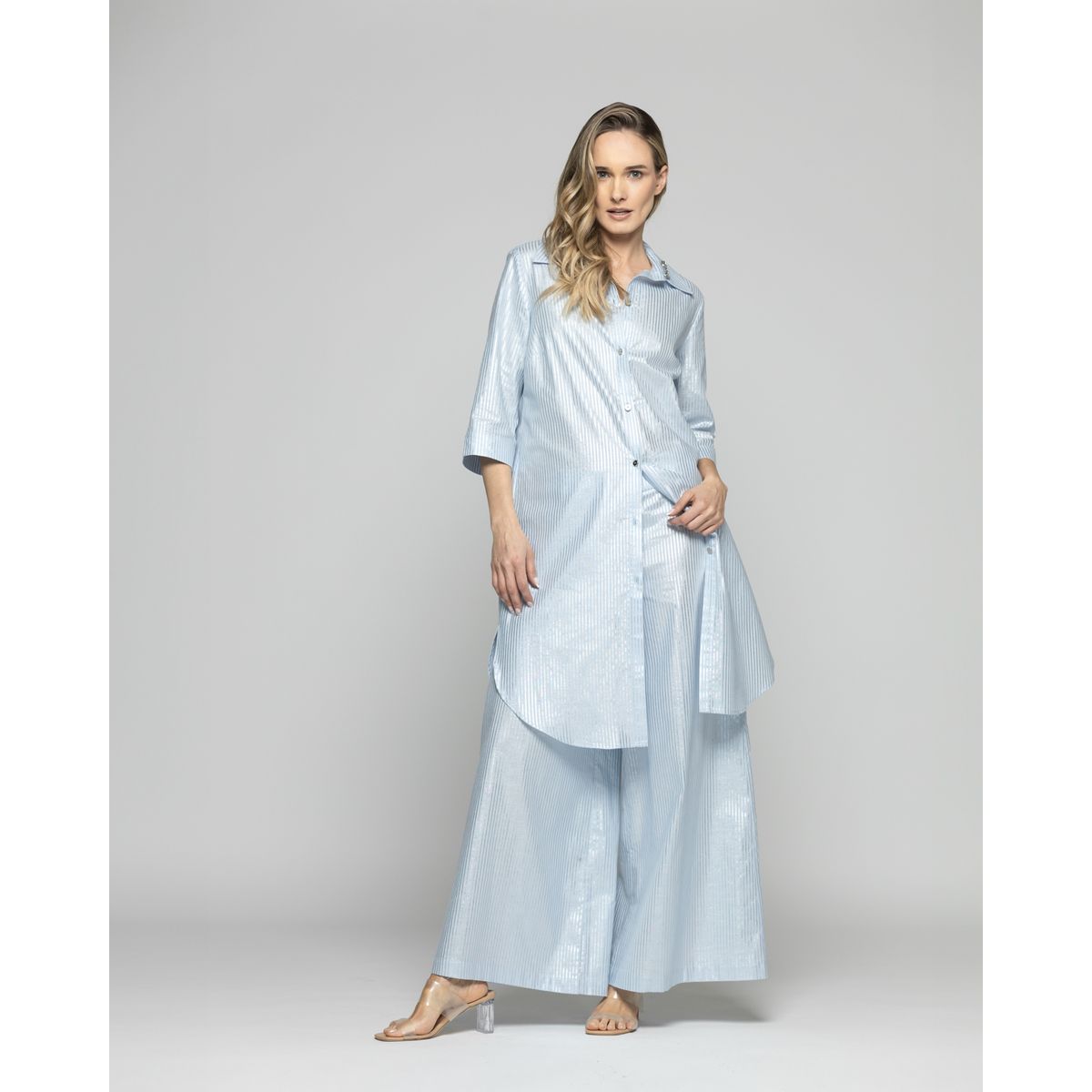 LUDOVICA - Blusón Mujer Forsythia Camisero Algodón Satinado Rayas Celeste Ludovica