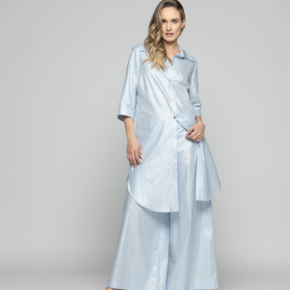 LUDOVICA - Blusón Mujer Forsythia Camisero Algodón Satinado Rayas Celeste Ludovica