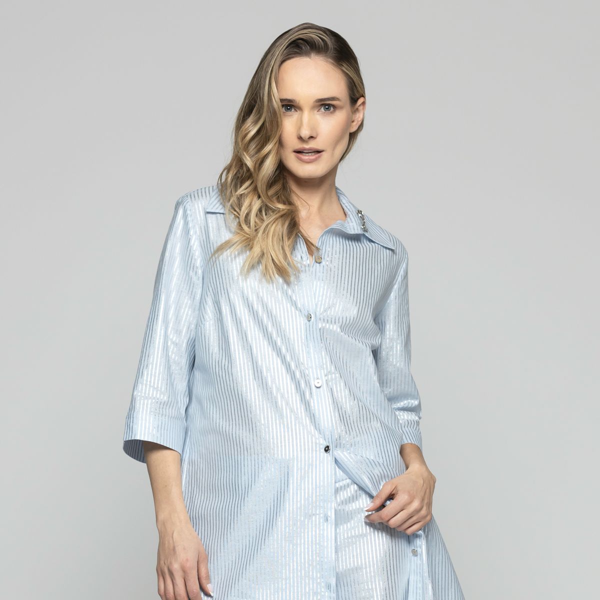 LUDOVICA - Blusón Mujer Forsythia Camisero Algodón Satinado Rayas Celeste Ludovica