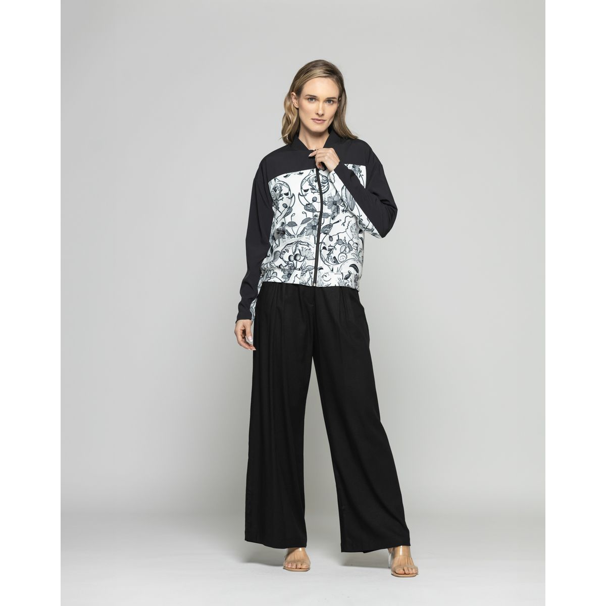 LUDOVICA - Chaqueta Mujer Lupino Bomber Estampado Botánico Negro Ludovica