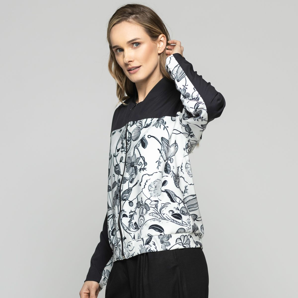 LUDOVICA - Chaqueta Mujer Lupino Bomber Estampado Botánico Negro Ludovica