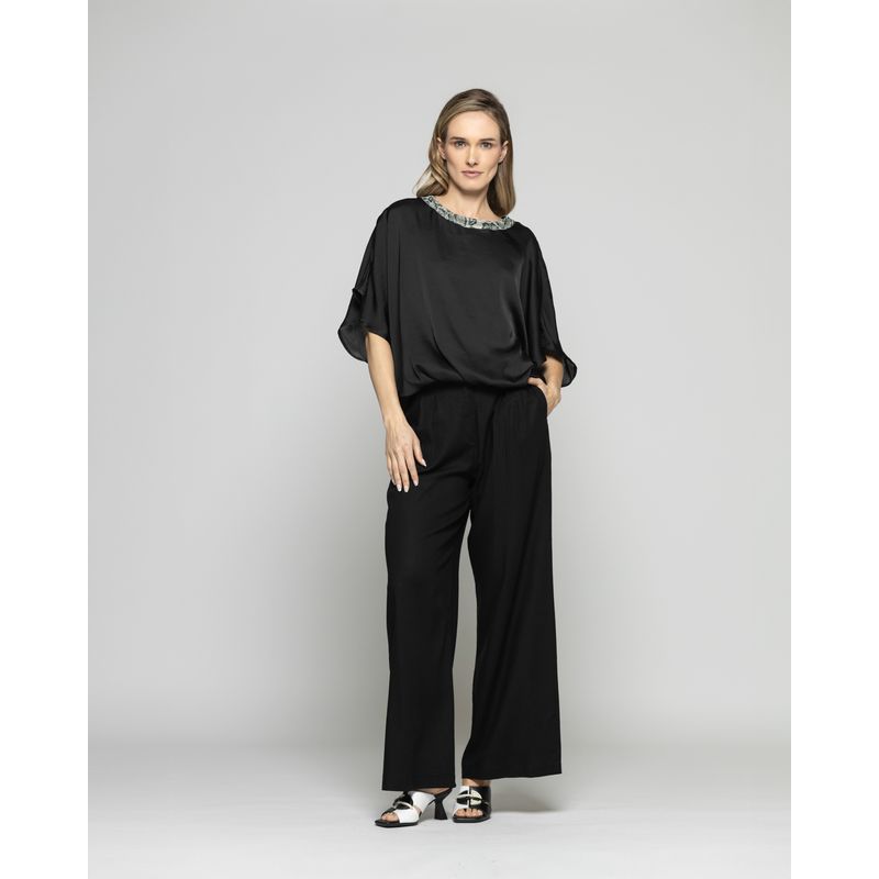 LUDOVICA - Blusa Mujer Girasol Satinada Detalle Lentejuelas Negra
