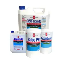 QUIMICA UNIVERSAL - Kit Mantenimiento Piscina Cloro Liquido 5lt Sube pH Decantador y Alguicida 1lt
