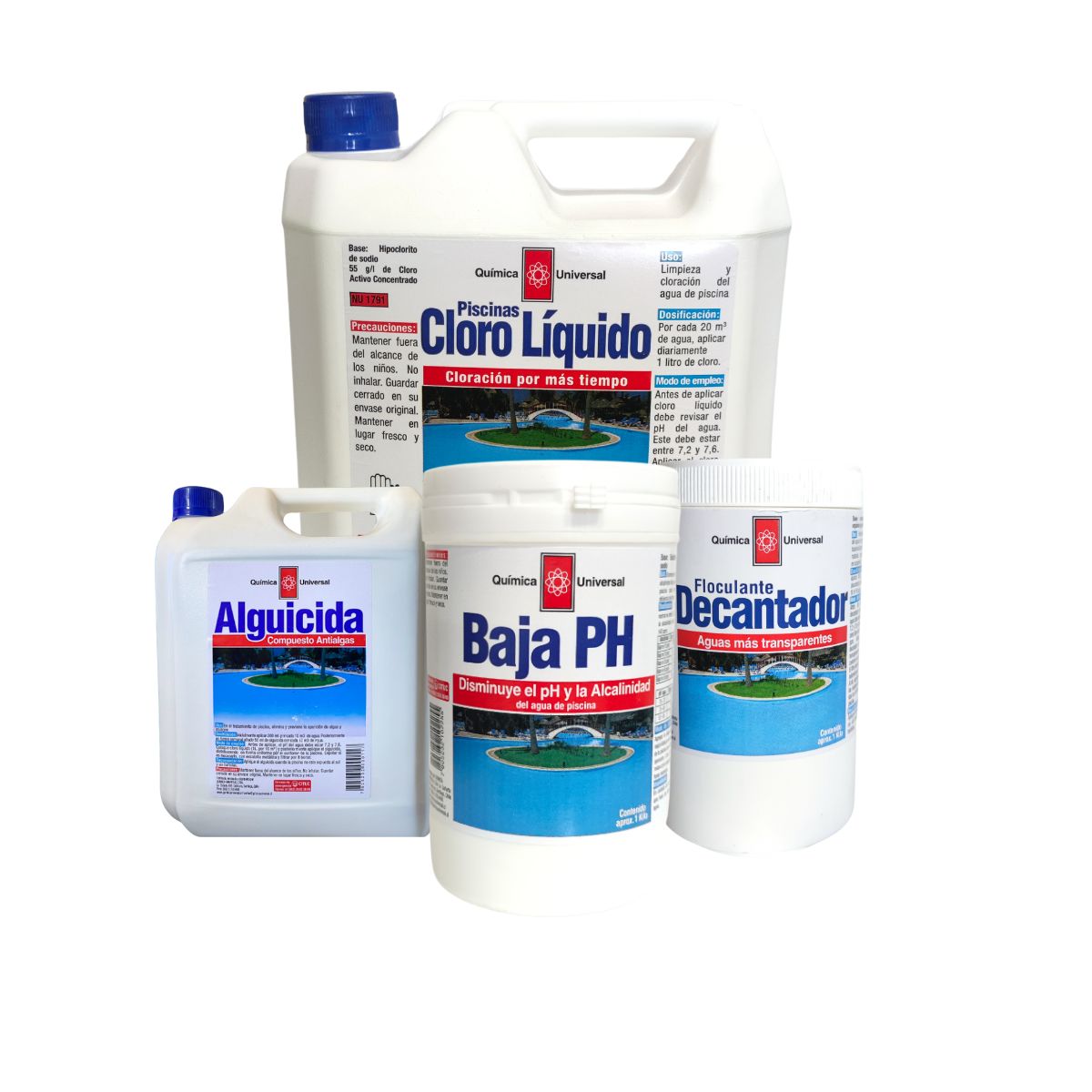 QUIMICA UNIVERSAL - Kit Mantenimiento Piscina Quimica Universal Cloro Liquido 5lt Baja pH Decantador y Alguicida 1lt
