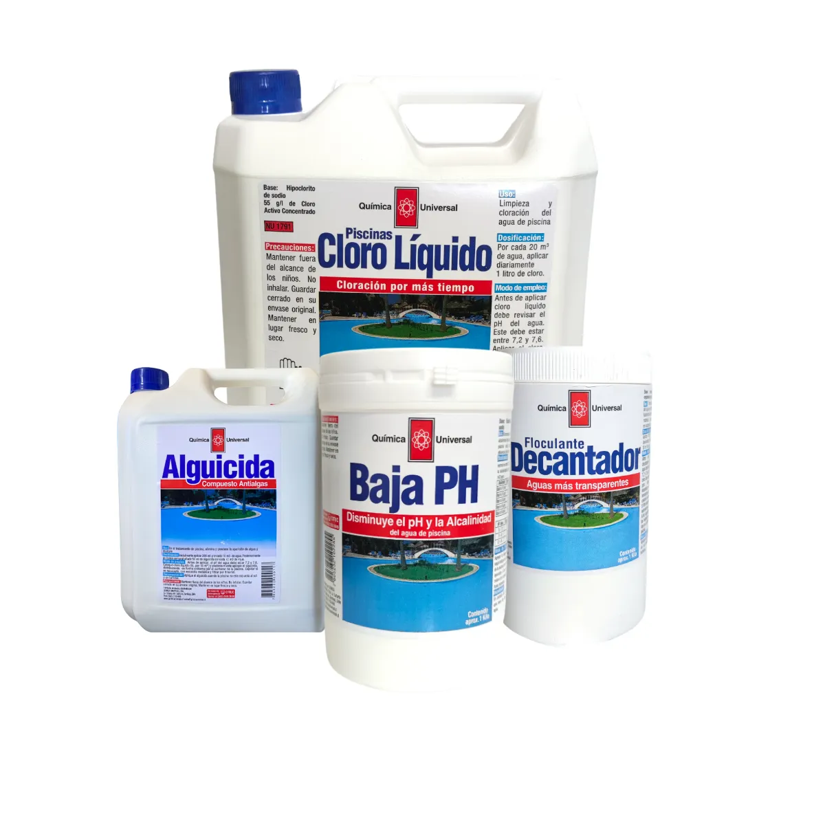 QUIMICA UNIVERSAL - Kit Mantenimiento Piscina Quimica Universal Cloro Liquido 5lt Baja pH Decantador y Alguicida 1lt