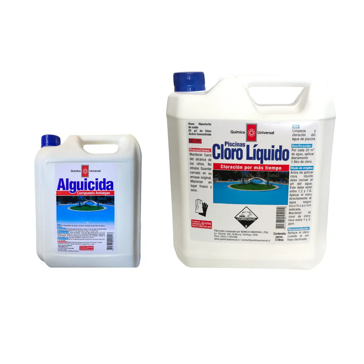 QUIMICA UNIVERSAL - Kit Mantenimiento Piscina Quimica Universal Cloro Liquido 5lt Baja pH Decantador y Alguicida 1lt