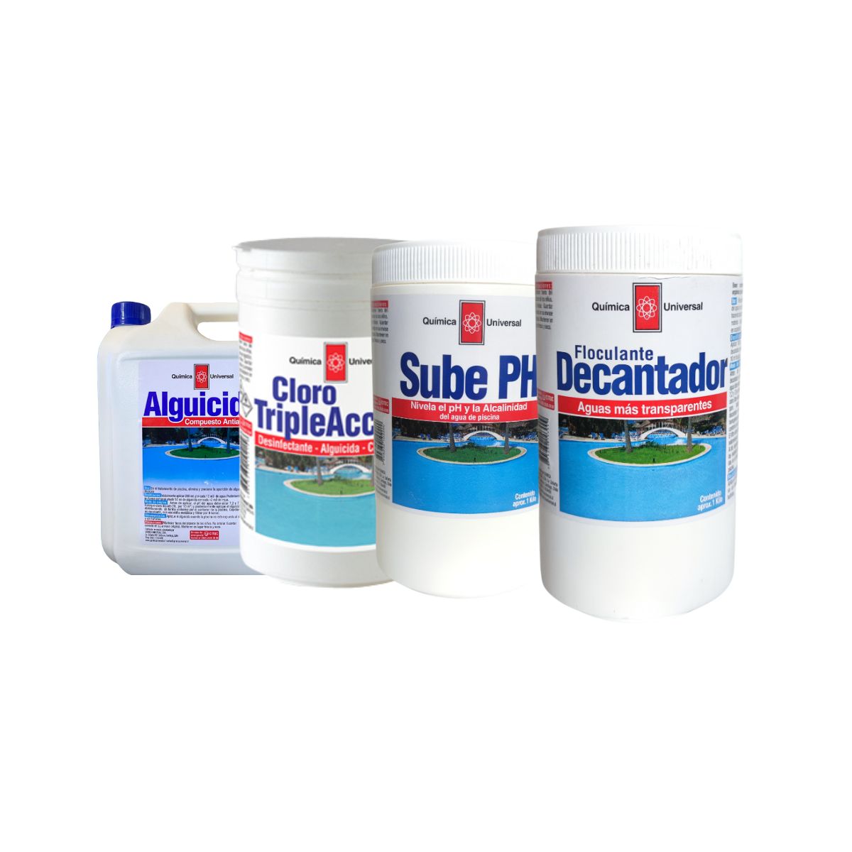 QUIMICA UNIVERSAL - Kit Mantenimiento Piscina Quimica Universal Cloro Triple Acción Sube pH Decantador y Alguicida