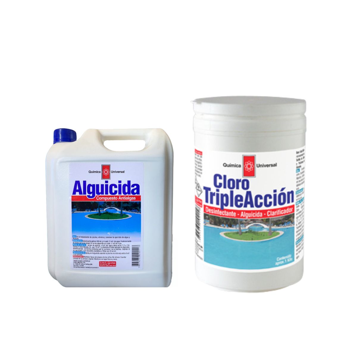 QUIMICA UNIVERSAL - Kit Mantenimiento Piscina Quimica Universal Cloro Triple Acción Sube pH Decantador y Alguicida