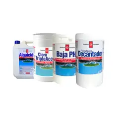 QUIMICA UNIVERSAL - Kit Mantenimiento Piscina Cloro Triple Acción Baja pH Decantador y Alguicida