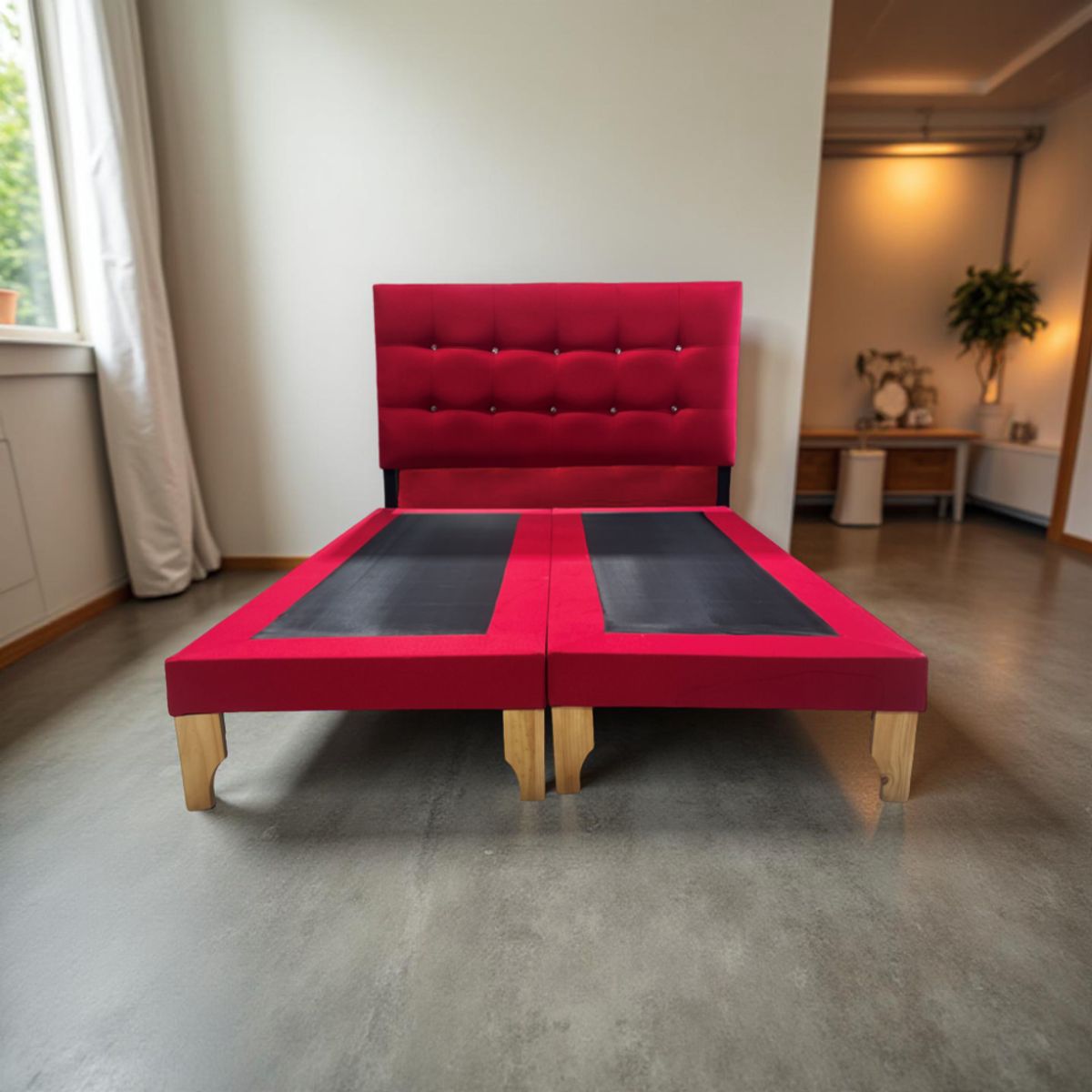 MUEBLES NEW - CAMA DOS PLAZA ROJO LINO.