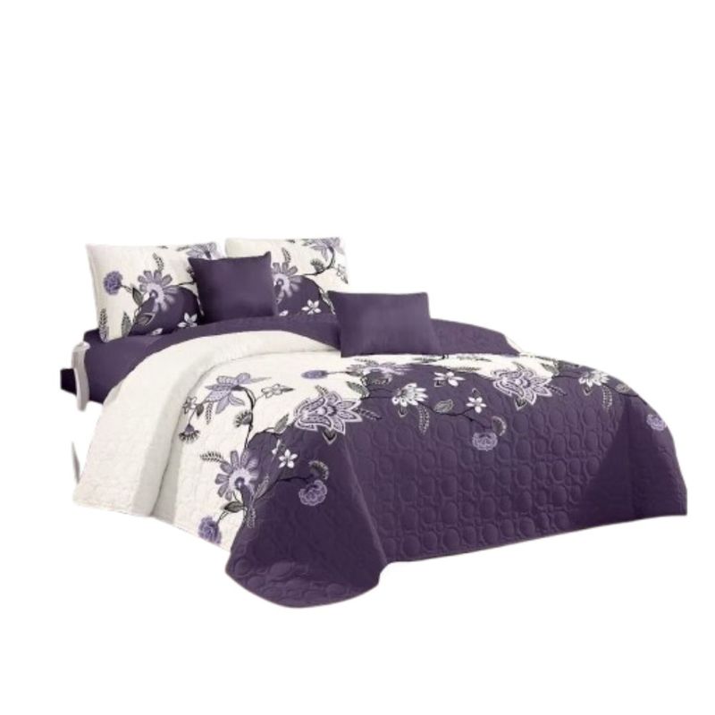 GENERICO - Cubrecama Quilt Verano 1.5 Plazas - Morado Crema Hojas KFL150